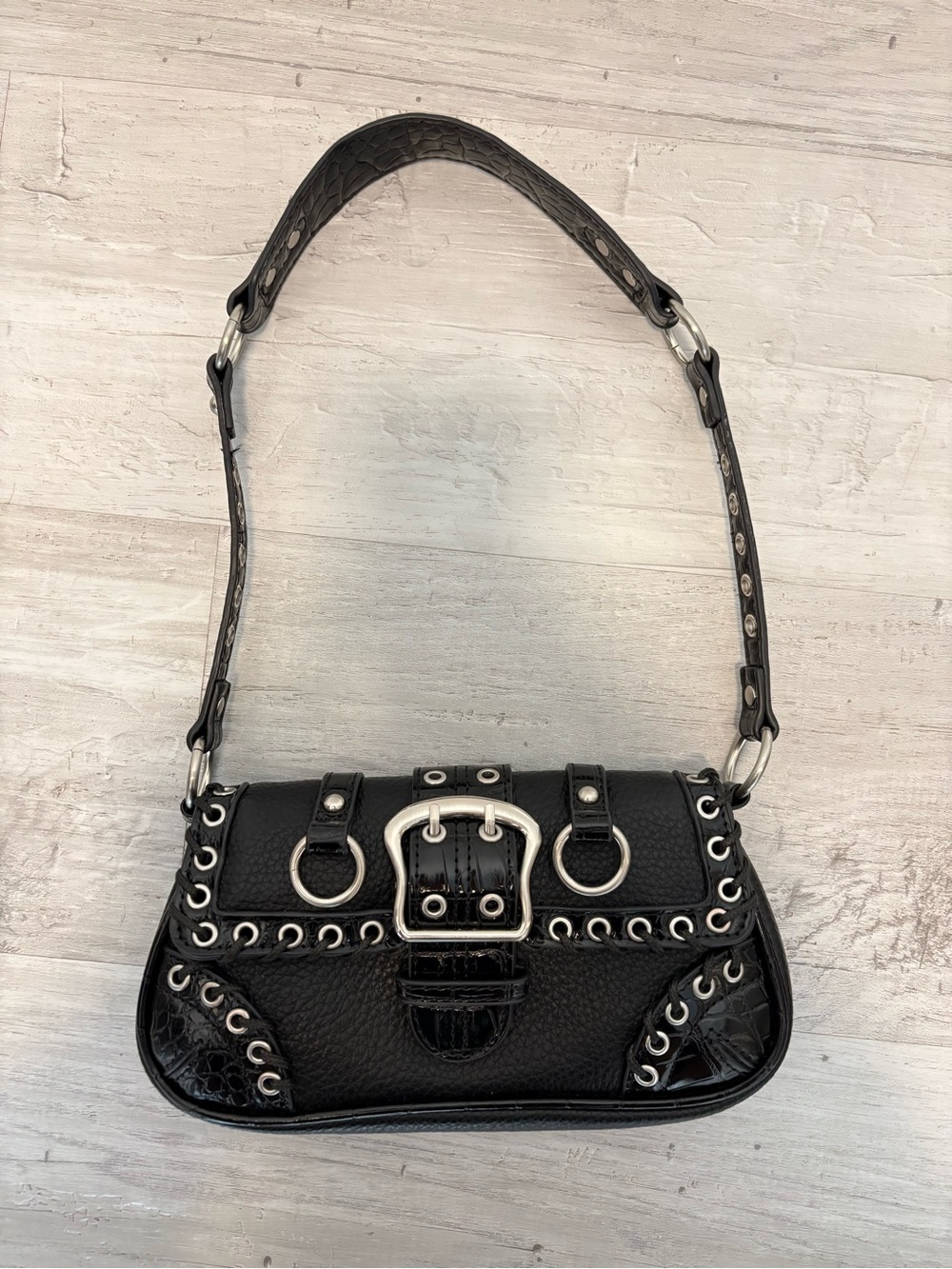 Black Shoulder Bag with Silver Hardware